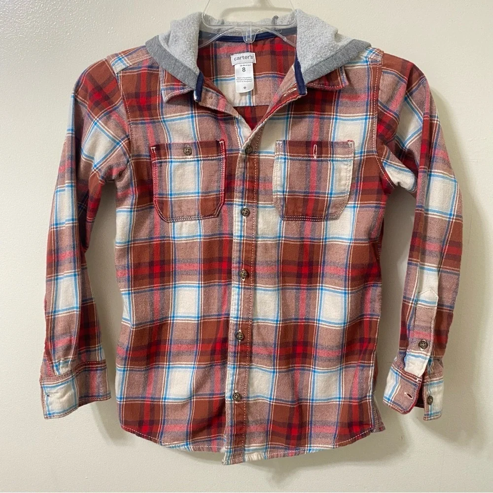 Carter’s boys hooded button down plaid long sleeve shirt size 8